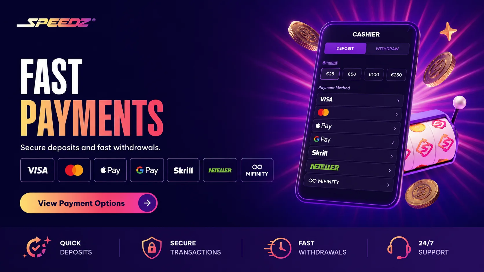 Speedz Casino fast payments and withdrawal methods