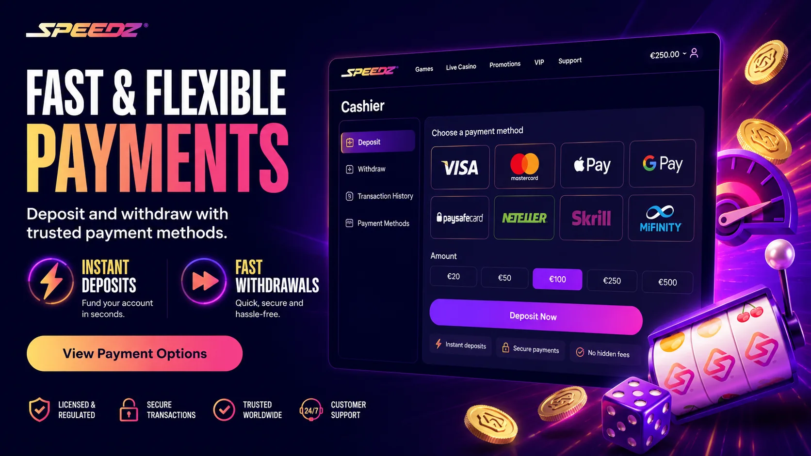 Speedz Casino flexible payment methods and cashier interface