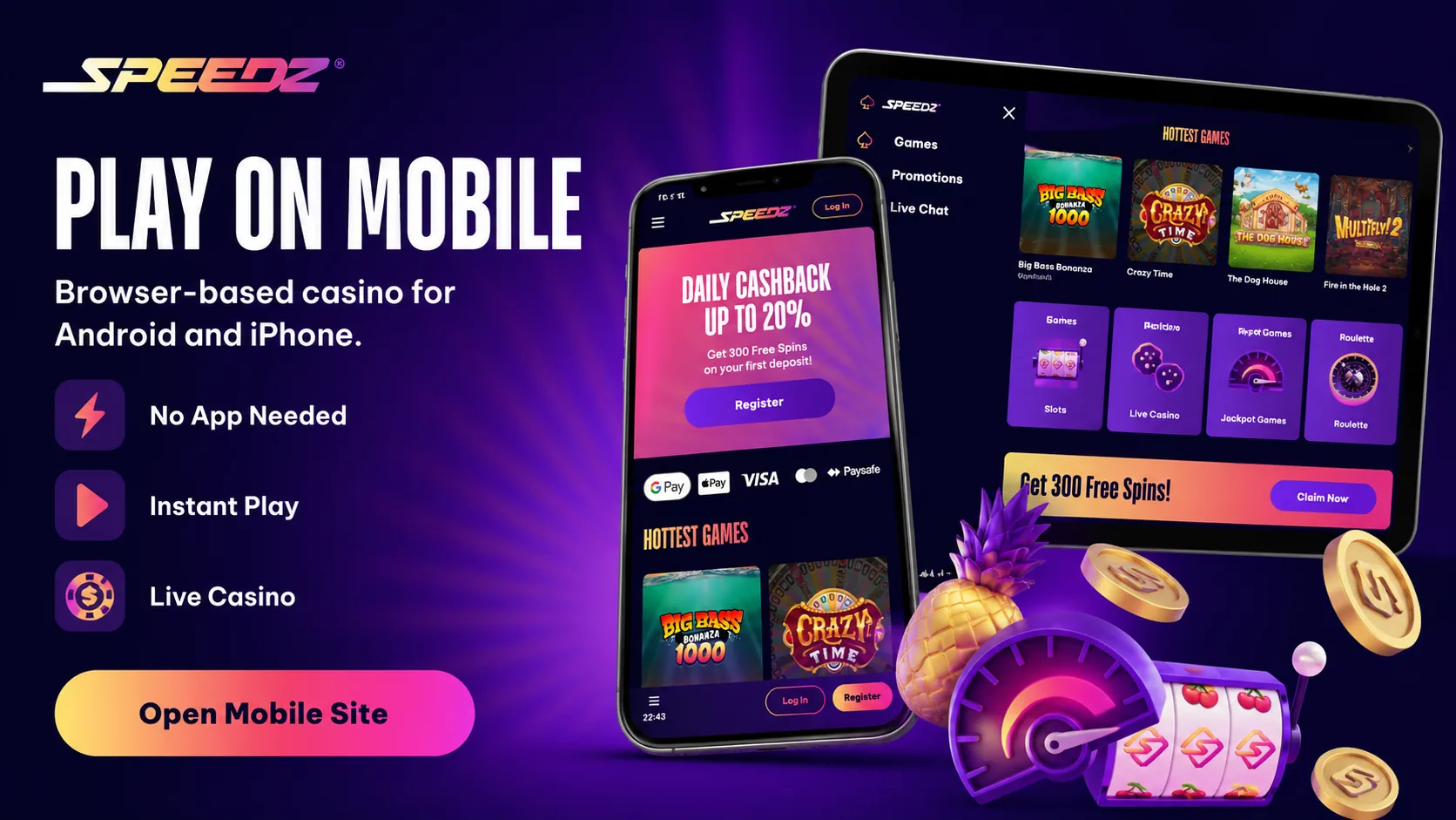 Speedz Casino mobile play screen with games and cashback
