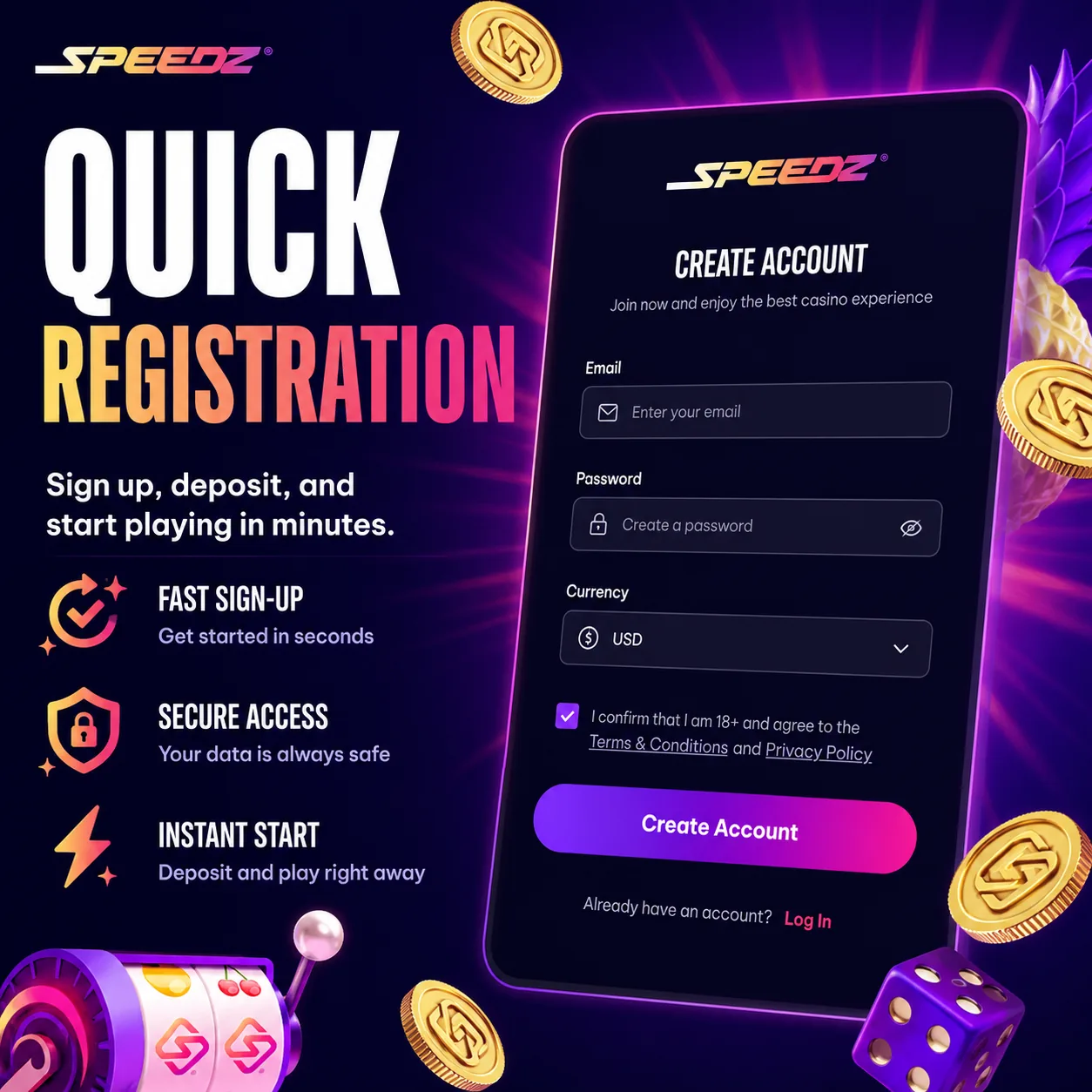 Speedz Casino registration and account setup card